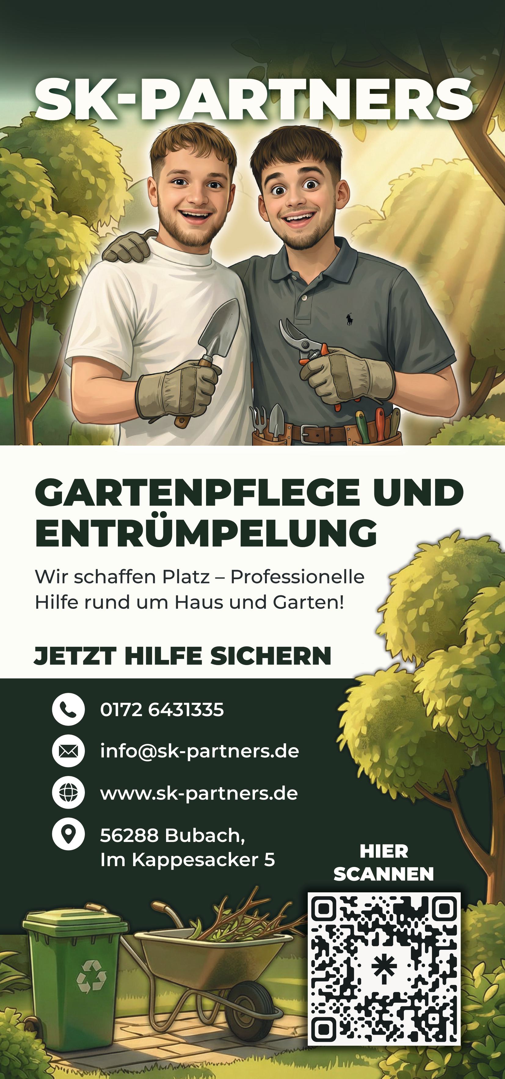 SK-Partners Flyer Vorderseite – Gartenpflege und Entrümpelung, Kontaktdaten